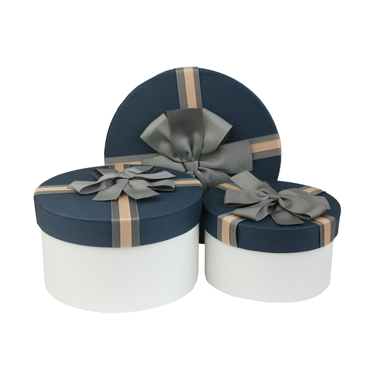 Set of 3 Cream/Blue Gift Boxes With Grey Satin Ribbon