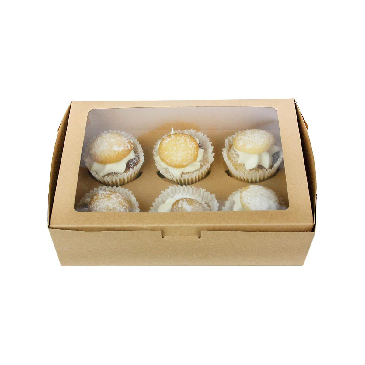 12-Pack Brown Kraft Cupcake Boxes with Clear Window - Holds 6 Cupcakes