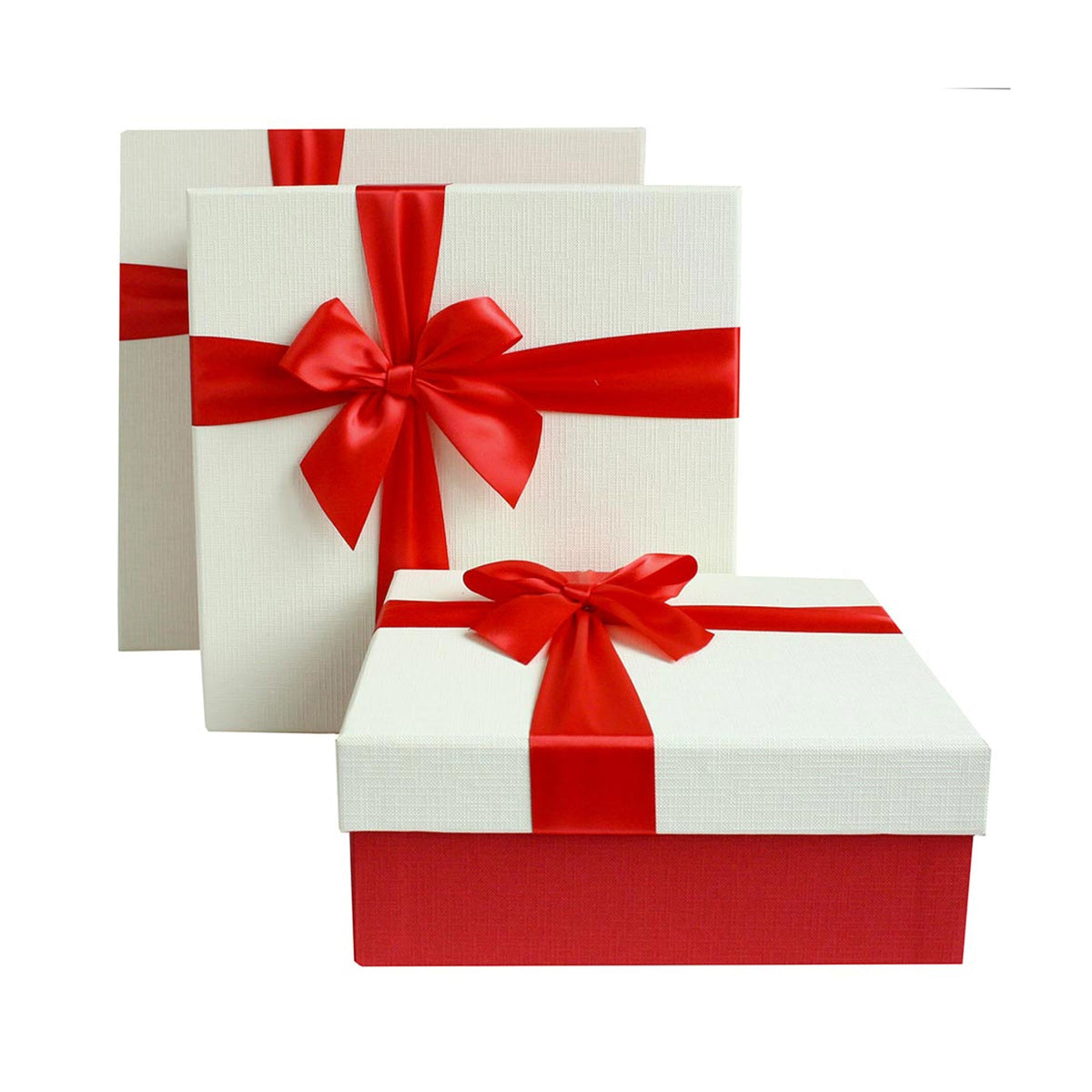 Textured Red & Red Ribbon Gift Box Set of 3 with Shredded Paper