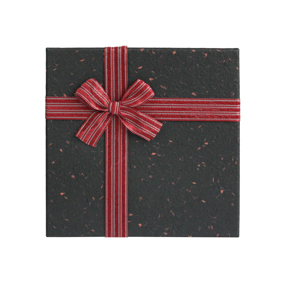 Textured Burgundy Gift Box with Striped Ribbon & Shredded Paper