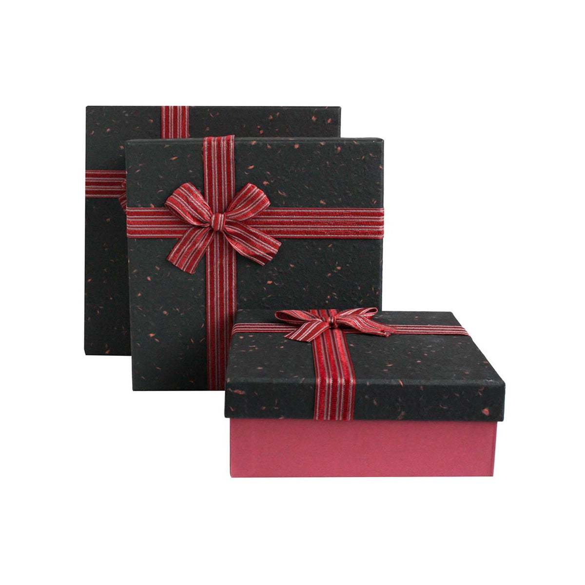 Textured Burgundy & Striped Ribbon Gift Box Set of 3 with Shredded Paper