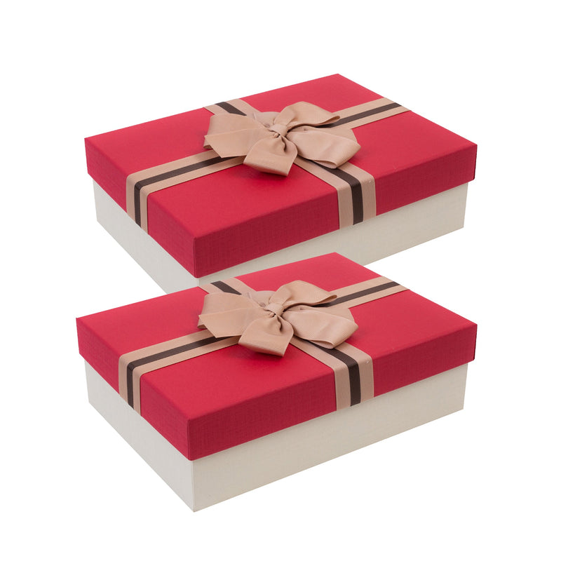 Red Brown Bow Gift Box - Set Of 2
