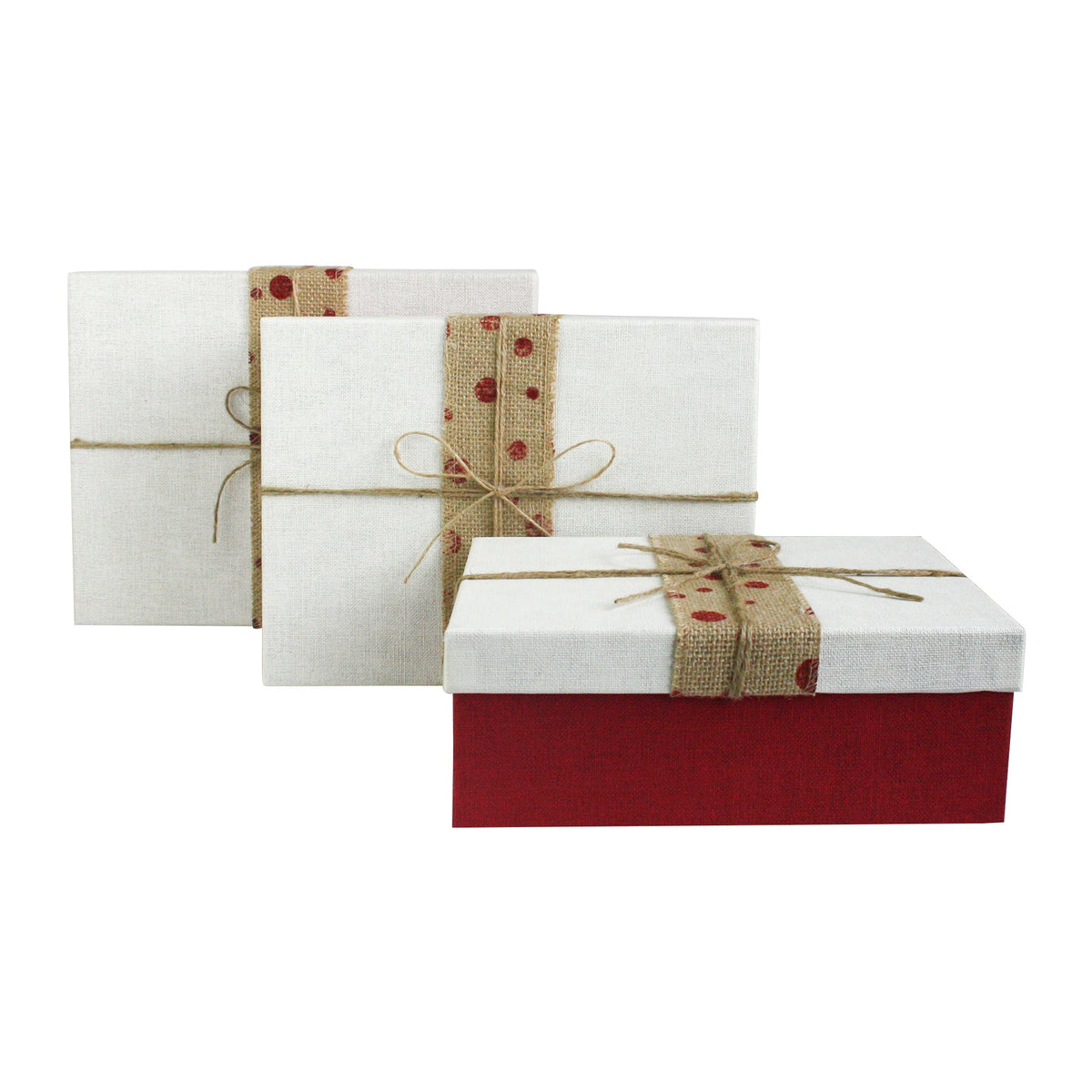 Set of 3 Red White Jute Bow Gift Boxes