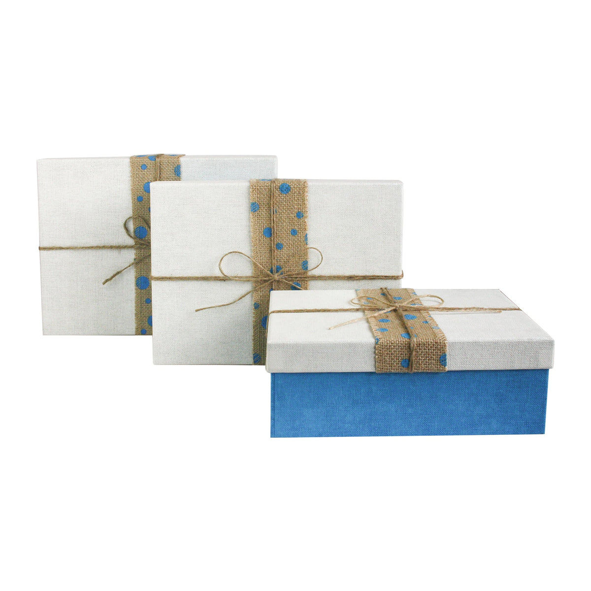 Set of 3 Blue White Jute Bow Gift Boxes