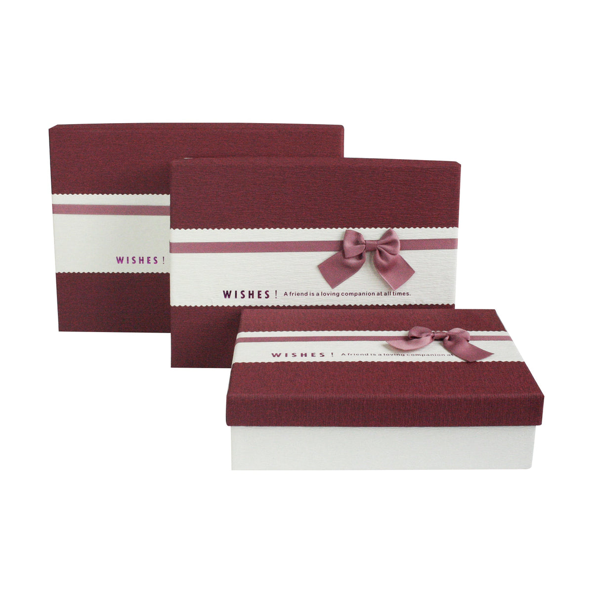 Set of 3 Cream Maroon Bow Gift Boxes