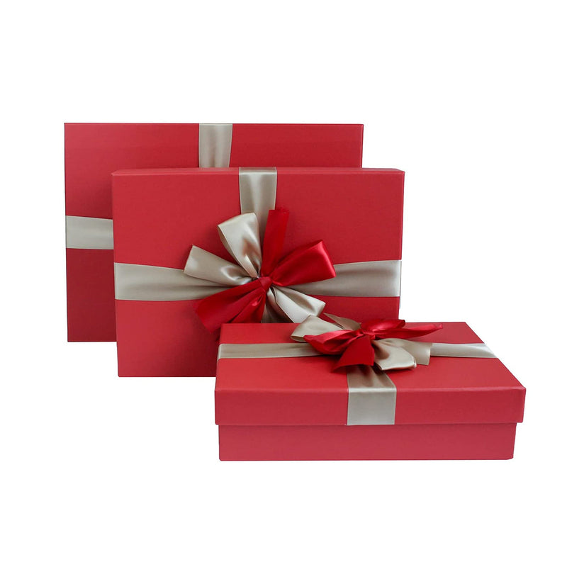 Red Box & Cream Satin Ribbon Bow Gift Box with Shredded Paper