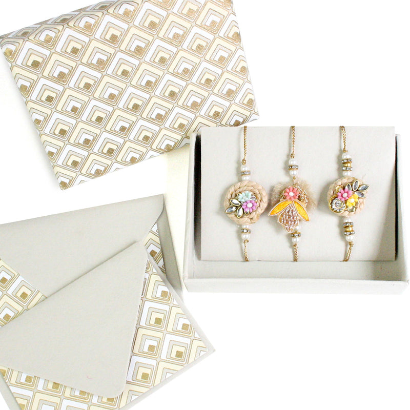 Pack of 3 Rakhi, 2 Cards & 2 Envelopes in Handmade Gift Box