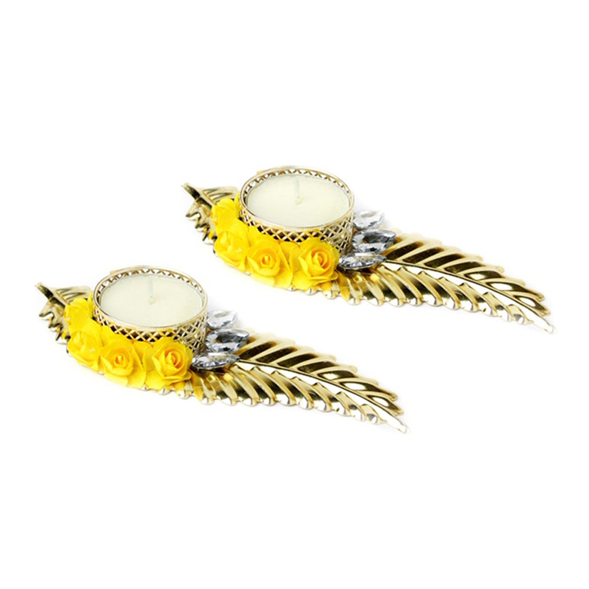 Leaf Tea Light Candle Holder - Yellow Set of 2