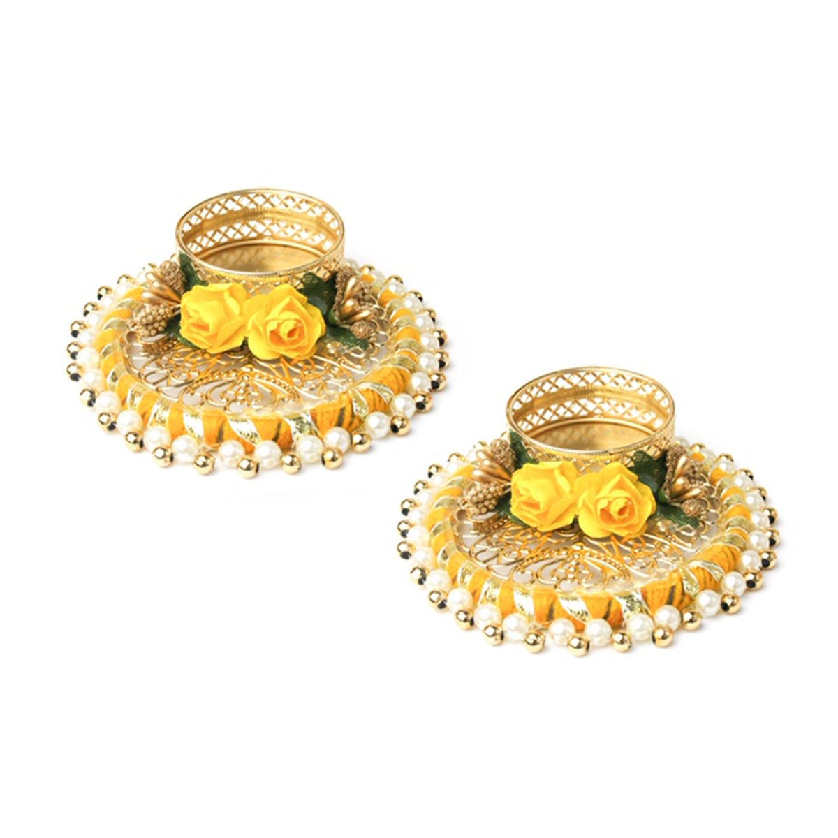 Round Tea Light Candle Holder - Yellow Set of 2